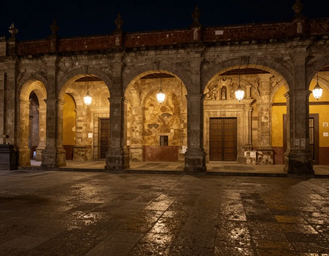 Atmósfera nocturna de arquerías coloniales en el Centro Histórico