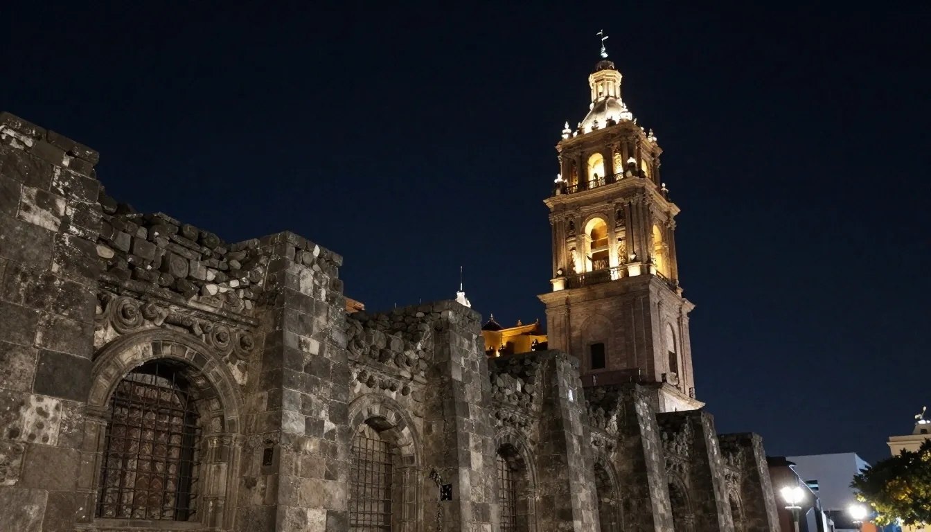 Catedral Metropolitana y vestigios arqueológicos bajo iluminación nocturna