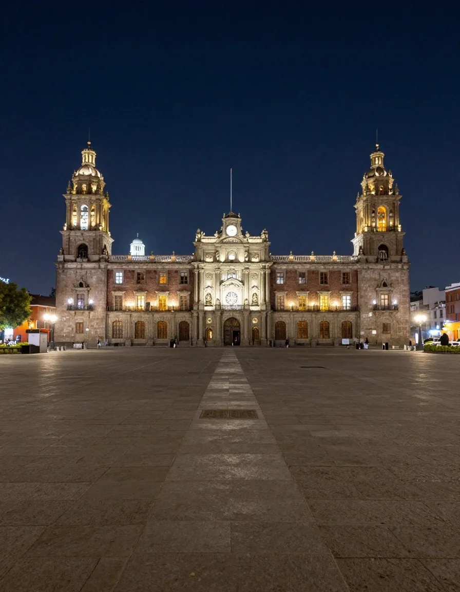 La Plaza de la Constitución y el Palacio Nacional al anochecer