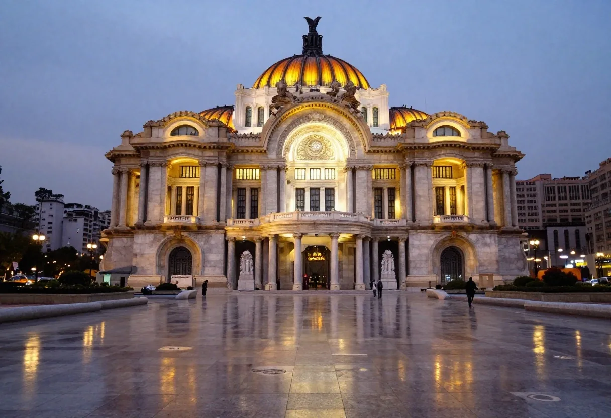 Palacio de Bellas Artes iluminado con sus cúpulas amarillas