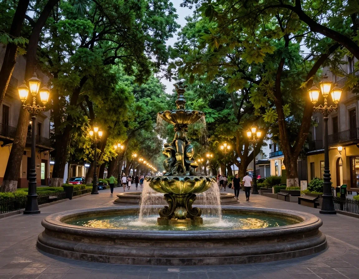 Senderos arbolados y fuentes de bronce en la Alameda Central