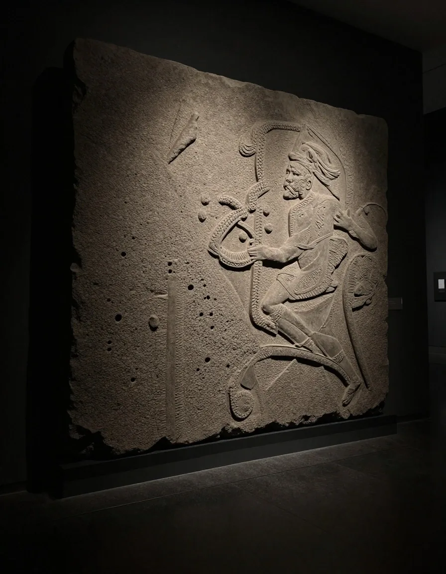 Detalle de relieve en piedra volcánica prehispánica bajo iluminación de museo