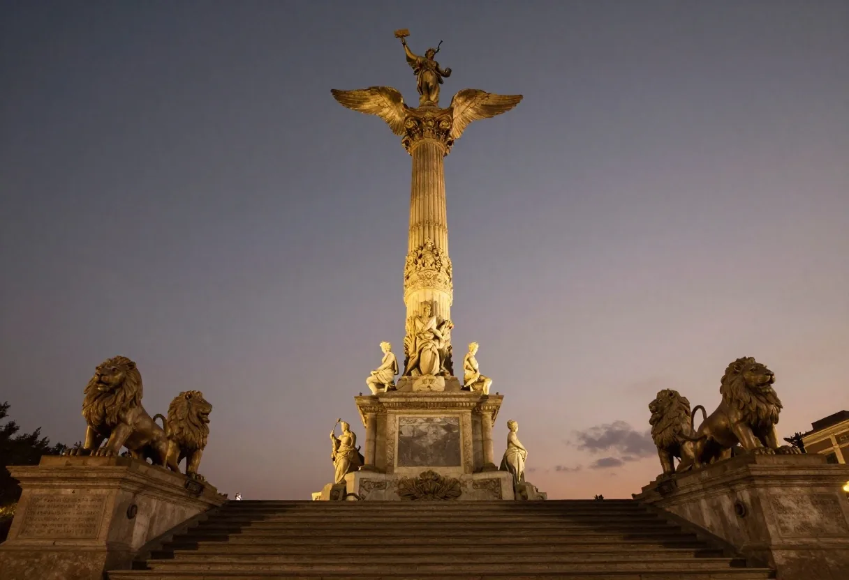 Paseo de la Reforma al anochecer con el monumento a la Independencia iluminado