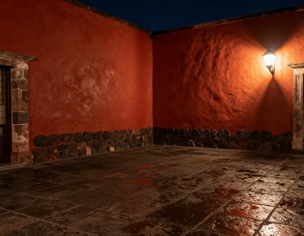 Patio colonial con pilares de piedra volcánica en calma nocturna