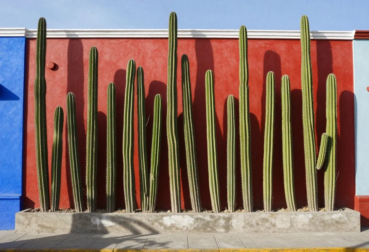 Functionalist twin houses and cactus fence in San Ángel Inn