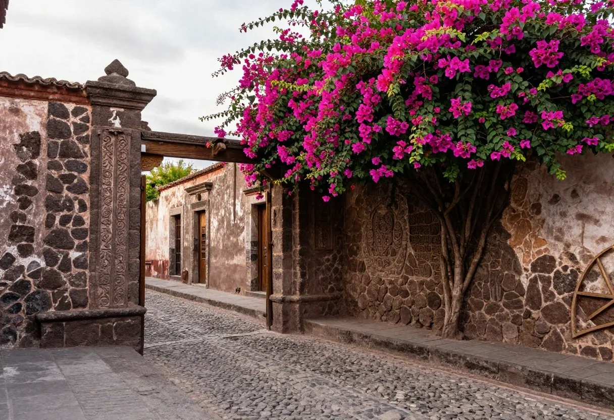 Volcanic stone walls and colonial gate in Coyoacán