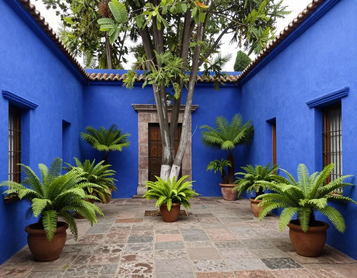 Interior courtyard with indigo blue walls at the Frida Kahlo Museum