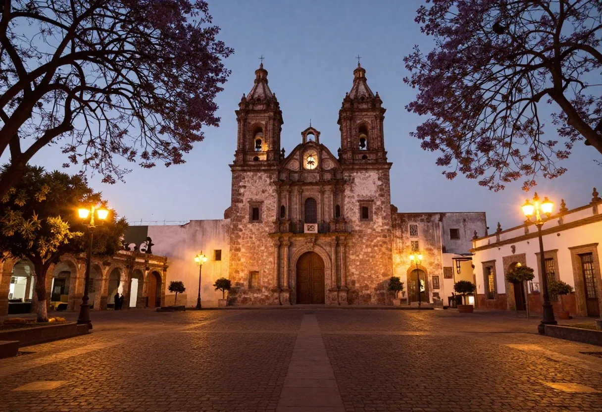 Historic plaza of Coyoacán illuminated at sunset