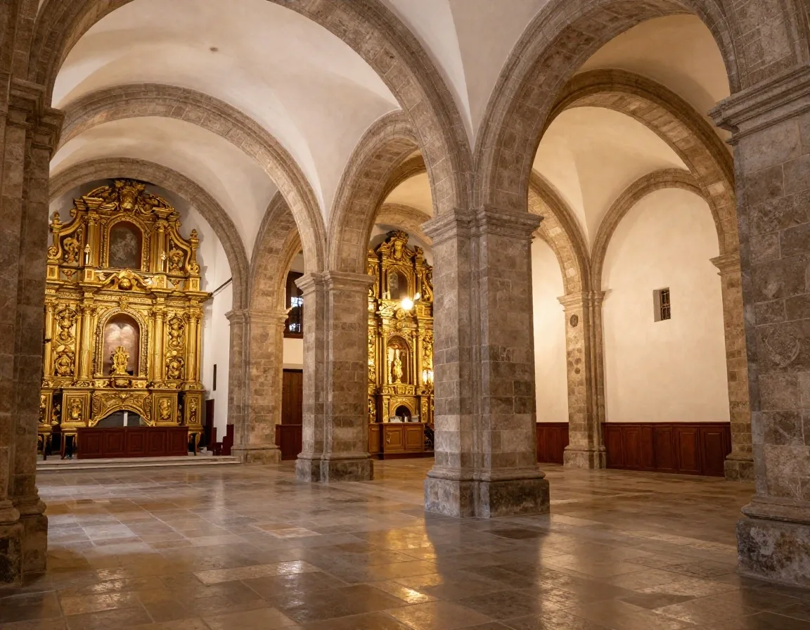 Gilded altarpieces and monumental nave of San Juan Bautista in Coyoacán