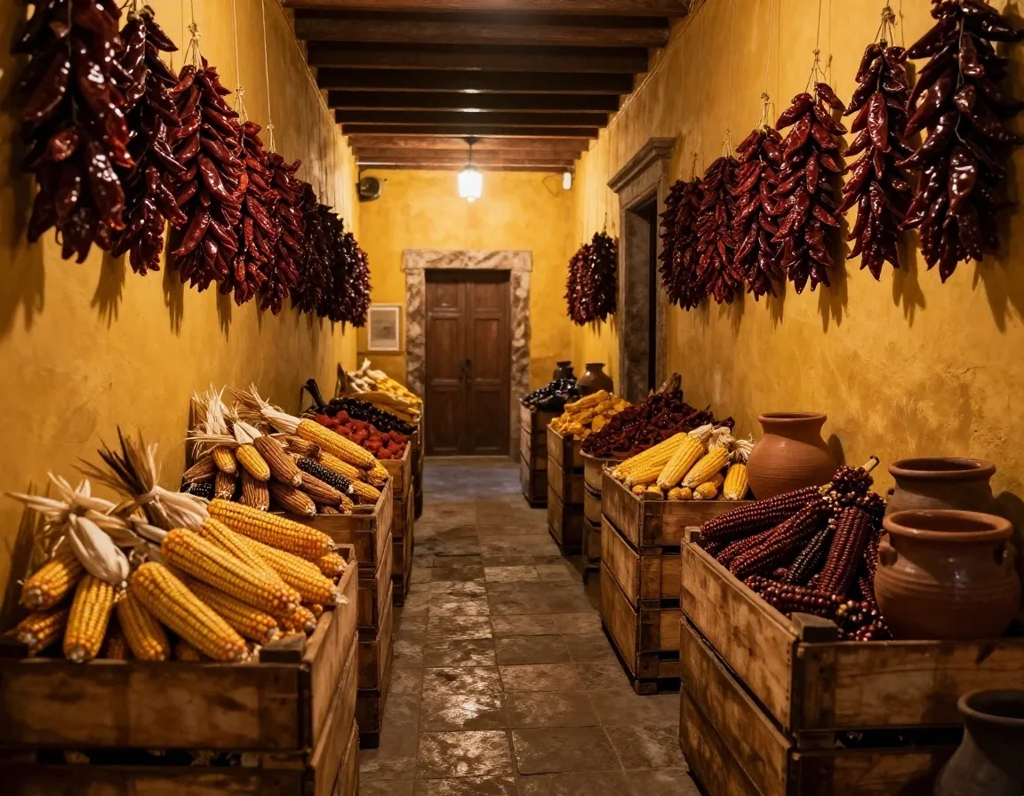 Variedades de maíces criollos y chiles secos en mercado histórico
