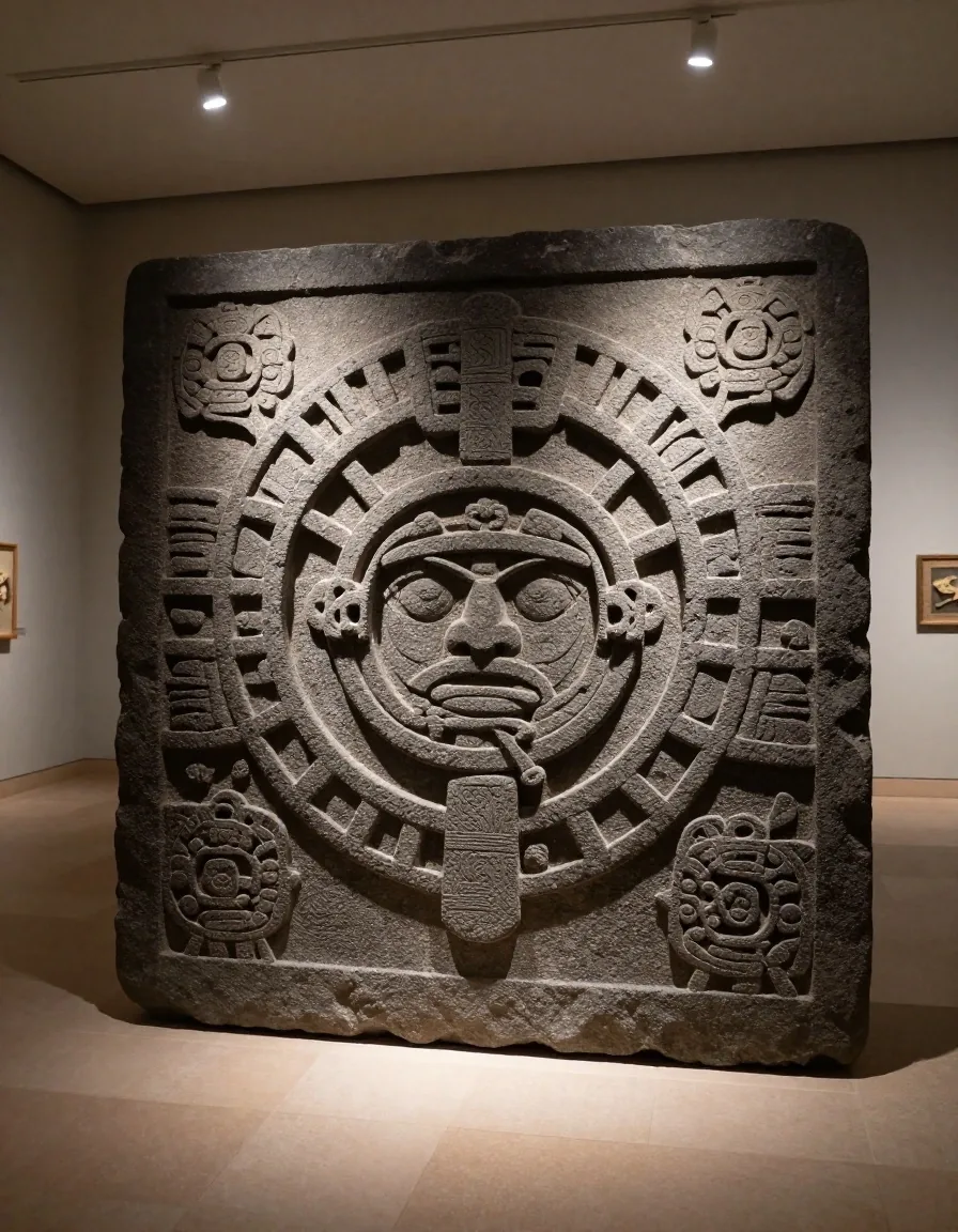 Detalle de relieves en piedra volcánica custodiados en sala museográfica