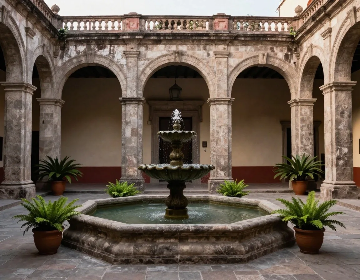 Patio interior de cantera virreinal en un recinto histórico del Valle de México
