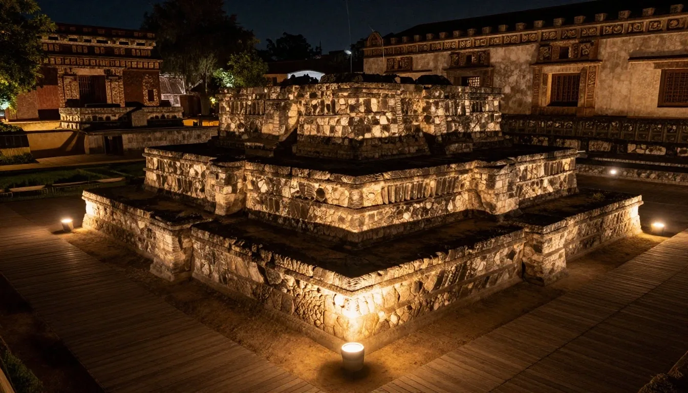 Zona arqueológica del Templo Mayor y basamentos prehispánicos iluminados en la noche del Centro Histórico