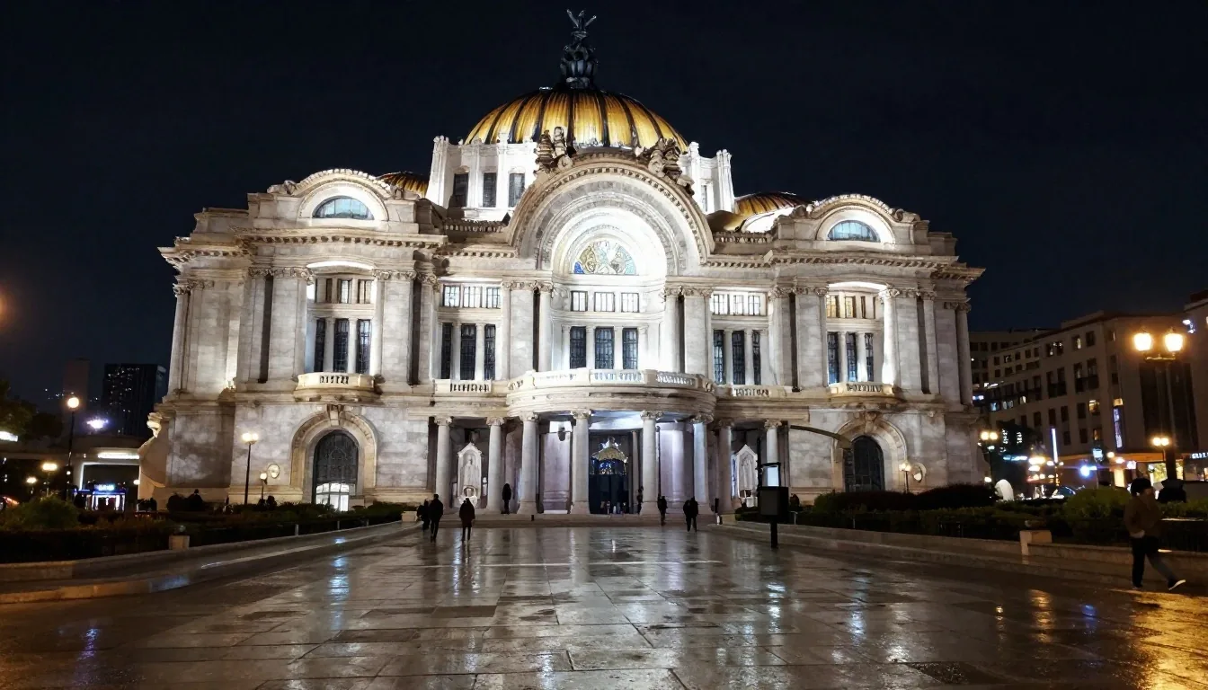 Perspectiva nocturna del Palacio de Bellas Artes y la Alameda Central en la Ciudad de México