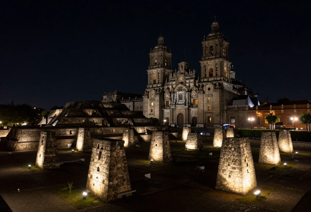 Illuminated archaeological remains of the Templo Mayor and the Metropolitan Cathedral at night in the Historic Center
