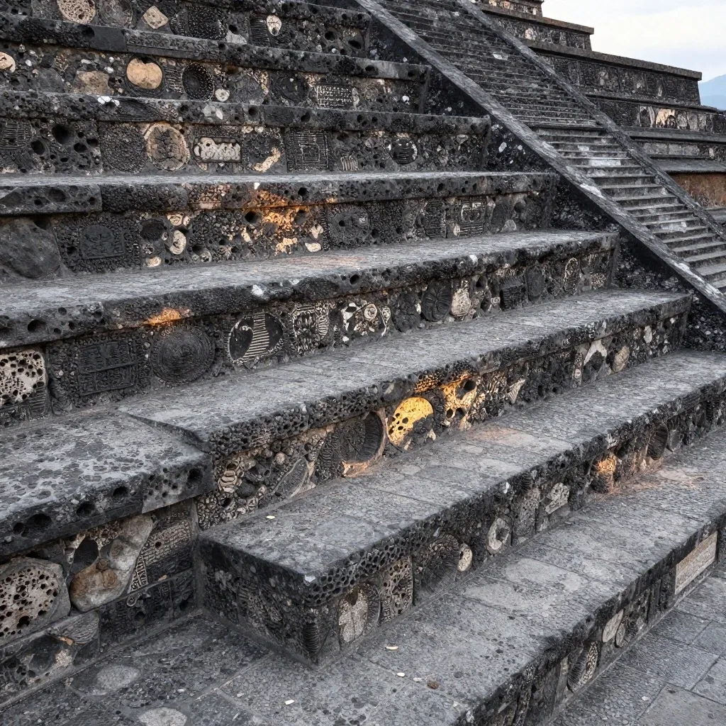 Textura de peldaños de roca volcánica en Teotihuacán