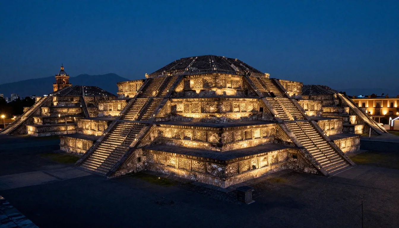 Vestigios arquitectónicos e históricos de la Ciudad de México bajo iluminación nocturna