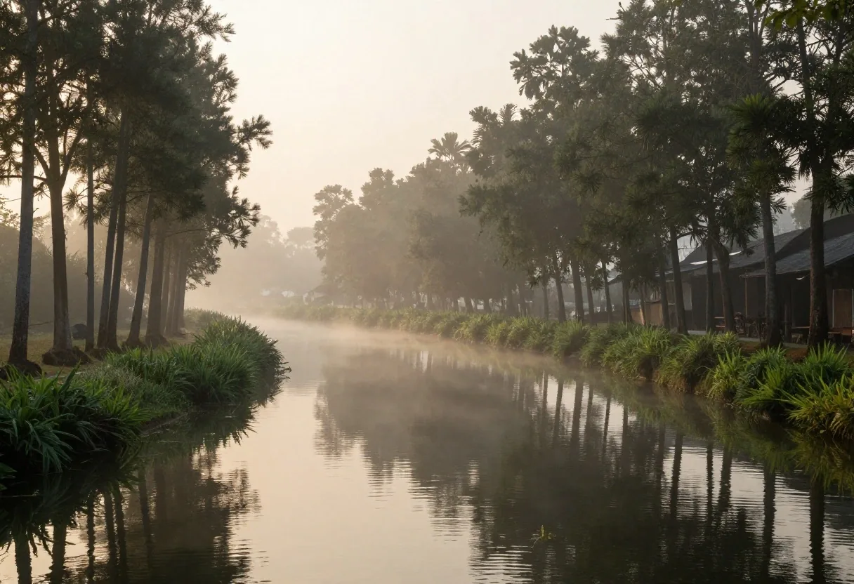 Canales ancestrales de Xochimilco y arboledas de ahuejotes bajo la niebla matutina