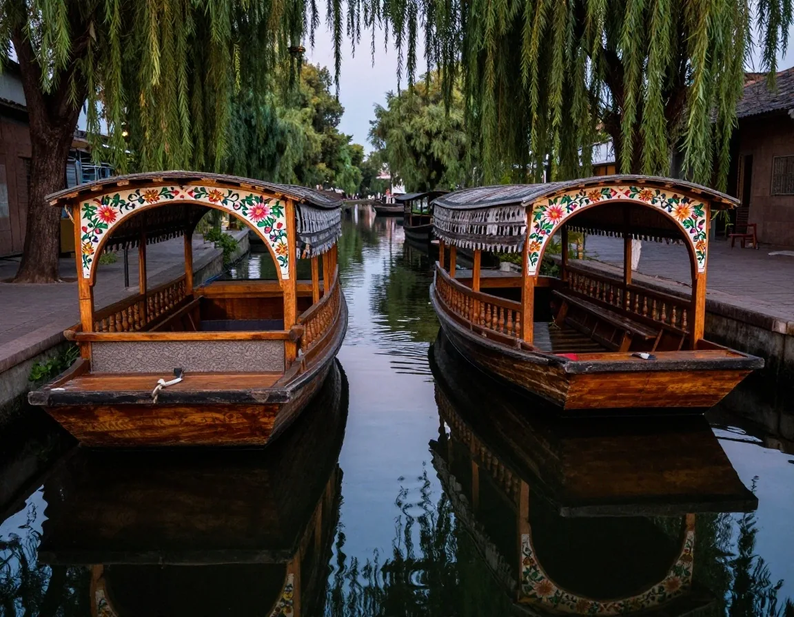 Embarcación tradicional trajinera con arco decorativo de madera en los canales de Xochimilco