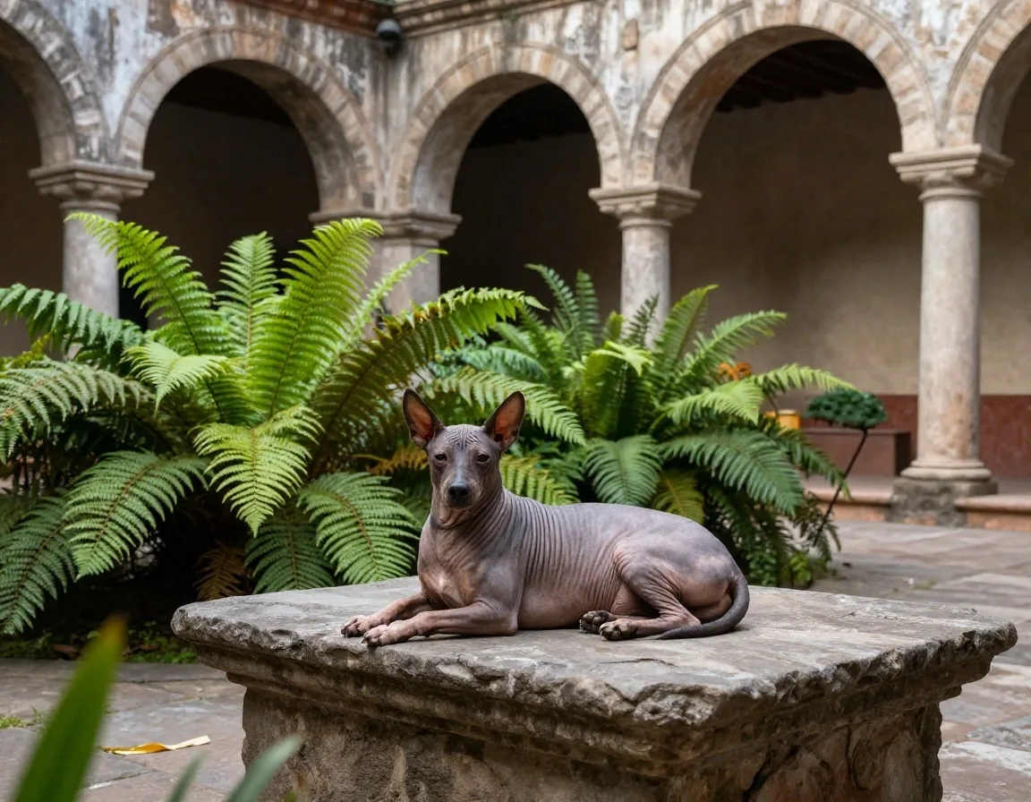 Jardines y arcadas de la Hacienda La Noria con presencia de xoloitzcuintle en Xochimilco