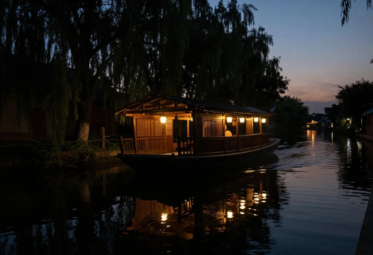 Silueta nocturna de trajinera en los canales protegidos de Xochimilco